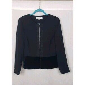Tahari Arthur S Levine Blazer 10 Black Zipper Front Velvet Hem Gothic‎ Witchcore
